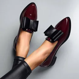 Casual Shoes Spring Autumn Women Bowtie Loafers Patent Leather Women's Low Heels Slip On Footwear Female Pointed Toe Thick Heel Zapatos