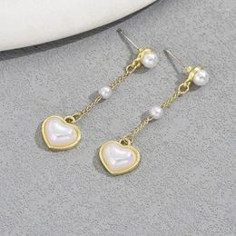 Dangle Earrings Women Pearl Love Design Drop Gold Color Chain Linking Cute Valentines Gift Jewelry Birthday Anniversary
