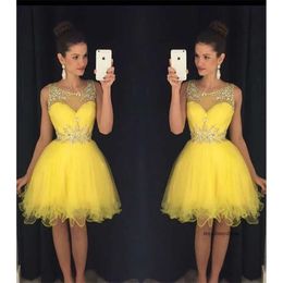 Rhinestone Yellow Tail Dresses 8Th Grade Short Prom Crystal Homecoming Dress Sheer Neck Mini Graduation Party Dress Custom Made 0510