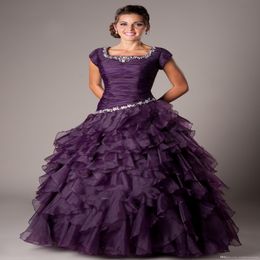 Vestido de baile roxo de uva vestidos de baile modestos com mangas de boné miçangas colegas de raça colegial de festas de baile de formatura novo 255d