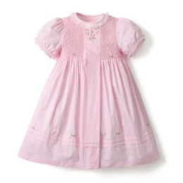 Girl's Dresses 2025 Baby Round Neckline Lace Dress Smoking Clothing Embroidered Flower Dress Bubble Sleeves Birthday Party VestL240508