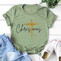 Women's T-Shirt Y2k Short Slves Summer T-shirt Ladies Christmas Shirt Religious Christmas Cross Top Family Matching Christmas Holiday T Y240509