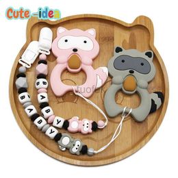 Teethers Toys Cute idea 1 baby raccoon silicone bead toy for boys and girls. Personalised baby name pacifier holder chain baby teeth d240509