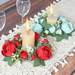 Decorative Flowers 1PC Artificial Rose Wreath Candlestick Garland Fake Silk Flower Christmas Decoration For Home Wedding Party Year Table