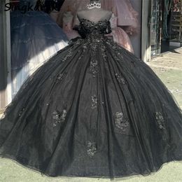 Black Princess Off Shoulder Ball Gown Quinceanera Dresses With Bow Beads Crystals Flower Appliques Birthday Party Sweet 16 Dress