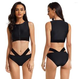 Women's Swimwear Pool Accessory Solid Zipper Swimsuit Tops Sleeveless Two Pieces Black Bikini Bath Clothes Summer Sets Female High Waist