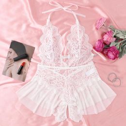 Bras Sets White Backless Crotchless Sexy Lingerie Hollow Bodysuit Teddy Babydoll Dress Deep V Open Erotic Costume Lace Porn Underwear Set