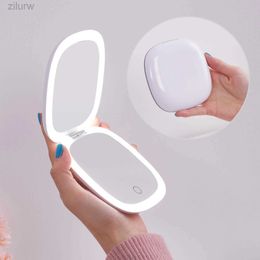 Compact Mirrors Compact LED enlarged travel makeup mirror 1X/10X small handbag with adjustable light double-sided USB charging touch screen portable d240510