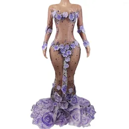 Casual Dresses Women Sing Performance Costume Fashion Design Purple Flowers See Through Long Dress 3D Pattern Mesh Stretch Birthday Party