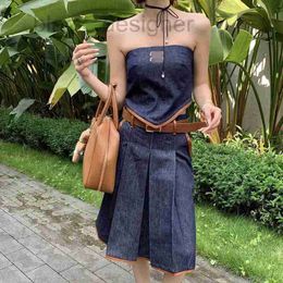 Two Piece Dress designer Spring/Summer collection new denim bra top with patchwork leather edging, folding half skirt and short can be freely matched MKSQ