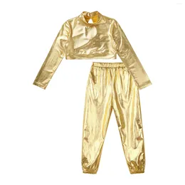 Clothing Sets Kids Girls Hip Hop Jazz Dance Outfit Glossy Metallic Long Sleeves Jacket Crop Tops Pants Set For Stage Performance Streetwear