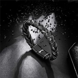 Charm Bracelets MKENDN Genuine Leather Box Chain Bracelet for Men Matte Black Magnetic Stainless Steel Clasp Exclusive Gift Wholesale Y240510