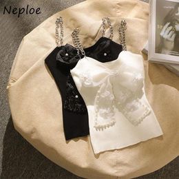 Women's Tanks Neploe Sexy Off Shoulder Chains Camisole Sweet Lace Pearl Bow Ice Silk Tank Top Y2k Slim Fit White Bottoming Tops Women