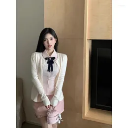 Work Dresses Three-piece Women Autumn Sweet Pink Fashion Suit Lace Skirt Slim Shirt Knitted Cardigan Gentle Style Solid Colour Age-reducing