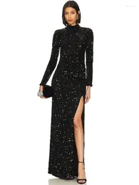 Casual Dresses Women Celebrity Sexy Turtleneck Maxi Long Sequins Black Sparkly Gowns Dress 2024 Elegant Evening Party Club Vestido