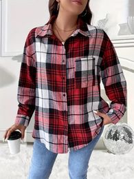 Women's Blouses Chequered Printed Shoulder Top Long Sleeved Casual Shirt
