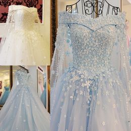 2022 Blue Off The Shoulder Wedding Dresses with Detachable Cape Beaded Pearls Applique Elegant Lace-up Back Bridal Wedding Gowns Real P 239O
