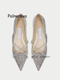 Casual Shoes Rhinestone Pumps Pointed Toe Women's Cross Tied Slip On Flat With Bling Summer Party Ladies Fashion Luxury