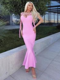 Casual Dresses High Quality 2024 Summer Women's Pink Bandage Dress Sexy Sleeveless V-neck Ruffled Elegant Celebrity Evening Party Long