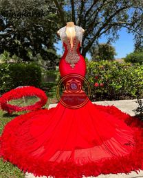 Sparkly Red Mermaid Prom 2023 Beading Crystal Rhinestone Tassles Graduation Party Dress Feather Robe De Bal