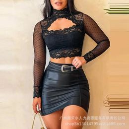 Work Dresses Women 2pcs Clothes Suit Spring Summer Lace Solid Colour Long Sleeve Top Blouse Hollow Out Sexy & High Waist Pu Leather Skirts