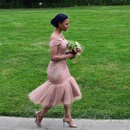 Blush Cheap Mermaid Country Bridesmaid Dresses Off The Shoulder Lace Appliqued Maid Of Honor Gowns Tea Length Wedding Guest Dress 260w