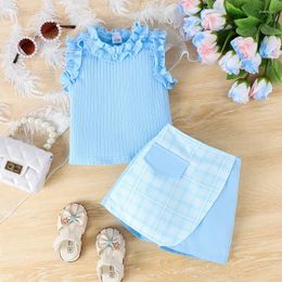 Clothing Sets Toddler Girls Skorts Set Summer Clothes Ribbed Frills Tank Tops And Plaid Shorts 2 Piece Outfits