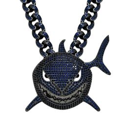 Cool Mens Hip Hop Necklace Gold Plated Ice Out Bling Blue CZ Shark Pendant with CZ Cuban Chain for Men Punk Jewellery Gift3732743