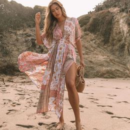 TEELYNN Floral Print Smock Frock Swim Bikini Cover Up Women Vintage Beach Boho Oversize Summer Long Dress Chiffon Robe Vestidos 240423