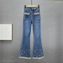 Women's Jeans Rhinestone Flare Women 2024 Autumn Winter High Waist Stretch Slim Fit Denim Bell-Bottom Pants Long Trousers Street