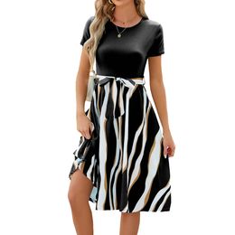 Summer Women Mini Dresses Colorblock Belted High Waist Bodycon Dress Short Sleeve A Line Flowy Flared Tee Dresses