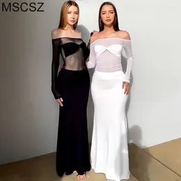 Casual Dresses Sheer Transparent Mesh Dress Woman Off Shoulder Long Sleeve Maxi Fashion Cocktail Party Black White