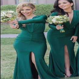 Fashion Emerald Green Mermaid Long Bridesmaid Dresses Deep V Neck Sweep Train Long Sleeves Formal Evening Prom Party Gowns Side Spli 2535