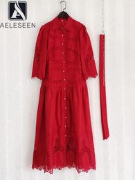 Party Dresses AELESEEN High Quality Summer Shirt Dress Women Tunr-down Design Fashion Flower Embroidery Hollow Out Red White Black Long