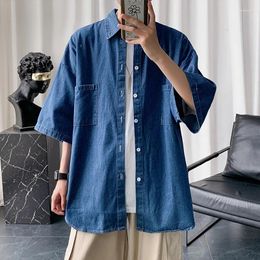 Men's Casual Shirts Blue Denim Short Sleeve Men Summer Thin Korean Fashion Top Vintage Oversize Baggy Cardigan Blouses Man Y2K Clothes