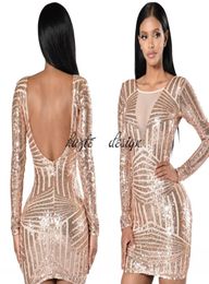 In Stock Rose Gold Sequin Short Cocktail Party Dresses with Long Sleeve 2018 Low Back Mini Prom Occasion Dress Cheap6634701