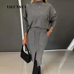 Chic Commute Office Outfits Lady Solid Turtleneck Top And Slim Slit Pocket Skirt Suits Elegant Women Knitted Two Piece Set 240510
