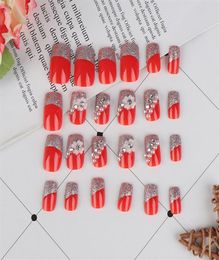 24pcs set Press On Nails Fresh Style Flowers Printing Artificial Nails Design Red Fake Nail With Glue Nail Tips228Y6628522