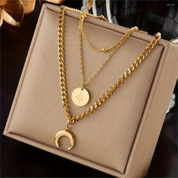 Pendant Necklaces Fashion Light Luxury Temperament Three-layer Star Moon Round Bead Necklace For Women Suit Jewellery