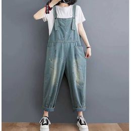Kvinnors jumpsuits Rompers Denim Jumpsuits for Women Korean Style Harajuku Tryckt Overall One Piece Outfit Women Straight Pants Casual Vintage Playsuits Y240510