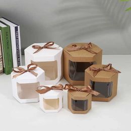 3Pcs Gift Wrap 10pcs Hexagon Transparent Window Kraft Paper Cookies Candy Packing Box With Ribbon For Wedding Birthday Party Package Paper Box