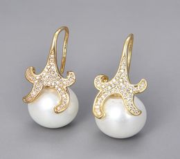 GuaiGuai Jewellery 14mm white sea shell Pearl starfish Cz pave Hook Earrings For Women Real Gems Stone Lady Fashion Jewellry1358403