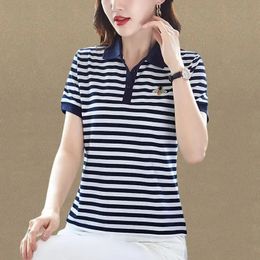 Korean Women Short Sleeve Stripe Polo Shirts Summer Fashion Pattern Casual TShirt Allmatch Lapel Pullover Big Size Tops 240429