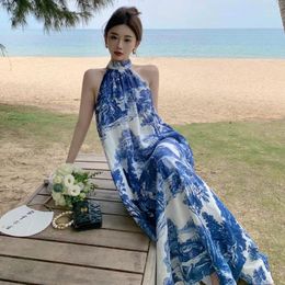 Casual Dresses Backless Print Robe Femme Chinese Fashion Beach Style Halter Women Loose Sleeveless Elegant Vestidos Mujer