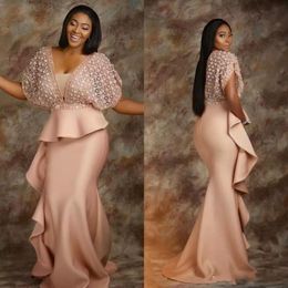 Pearl Pink Lace Evening Dresses African Saudi Arabic Formal Dress For Women Sheath Prom Gowns Celebrity Robe De Soiree BC0330 201A