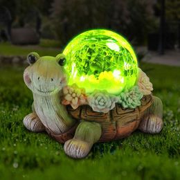 Vasesun Solar Turtle Garden Statue Lights Outdoor Decor with Cracked Glass LED Figurine Lighting Resin Succulent Tortoise Decorations for Patio Lawn Yard Home