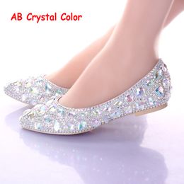 Flat Heels Pointed Toe AB Crystal Wedding Shoes Silver Dancing Flats Performance Show Women Dress Shoes Bridal Bridesmaid Shoes 305L