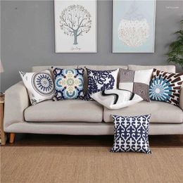 Pillow Home Decorative Embroidered Cover Blue Floral Mandala Leaves Wave Case Cotton Square 45x45cm