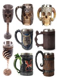 Retro Horn Skull Resin Beer Mug Stainless Steel Skull Knight Halloween Coffee Cup Viking Tea Mug Pub Bar Decoration8904592