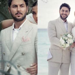 Beige Linen Wedding Tuxedos Men's Suits for Summer Beach Groom Wear 2 Piece Italian Coat Set Jacket with Pants Bespoke Male Fashio 301Q